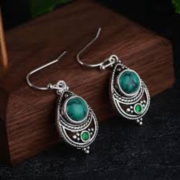 Turquoise & Green Stone Boho Silver  Earrings - Picture 1 of 5